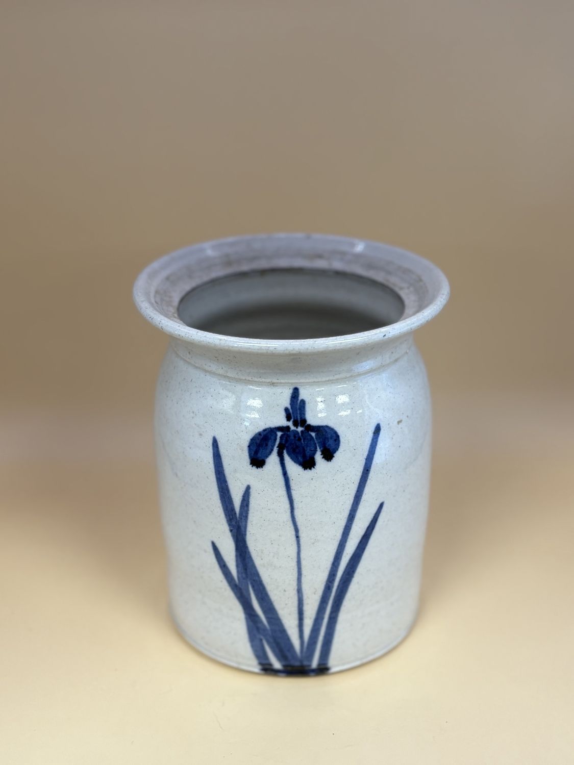 Pottery. USA. Vase or Canister. Beige w/Blue Iris. 6&quot;H
