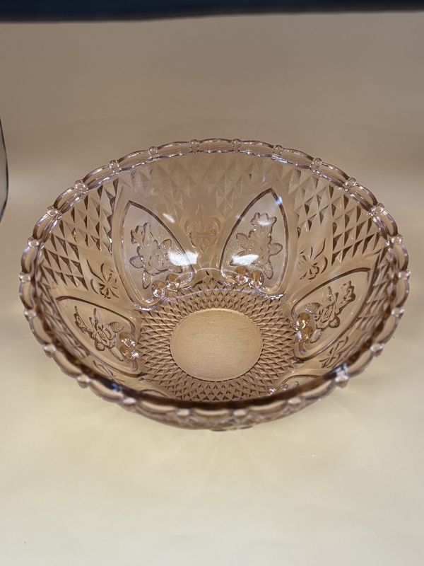 Glass. KIG. Large Vintage Bowl. Pink Depression Glass. Fleur De Lis &amp; Roses. Footed. 10"W