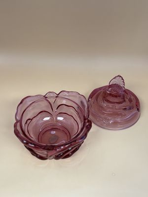 Glass. USA. Fenton. Pink Rose Dish w/Upright Butterfly Handle. 5.25"H