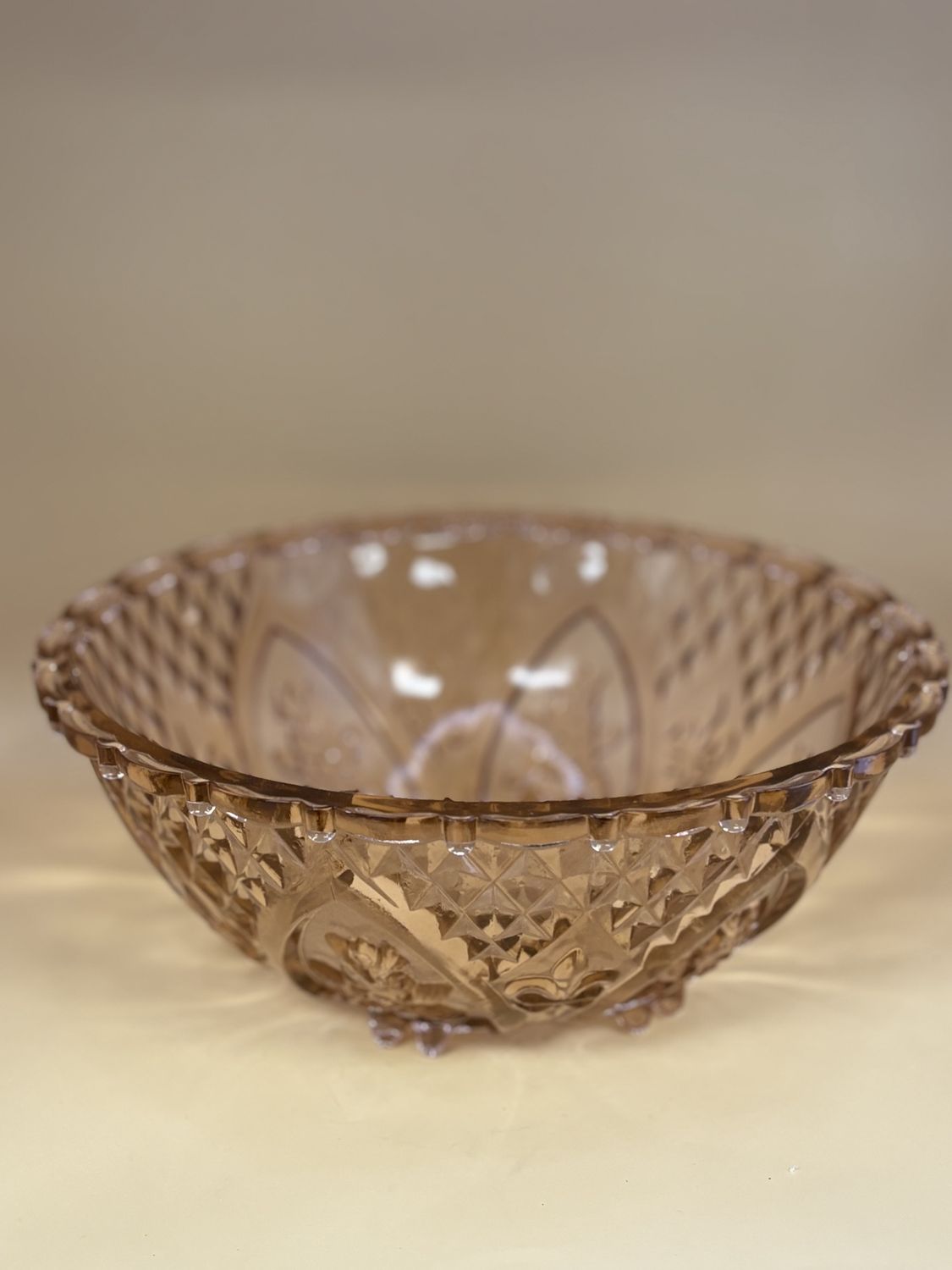 Glass. KIG. Large Vintage Bowl. Pink Depression Glass. Fleur De Lis &amp; Roses. Footed. 10&quot;W