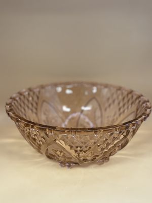 Glass. KIG. Large Vintage Bowl. Pink Depression Glass. Fleur De Lis &amp; Roses. Footed. 10"W