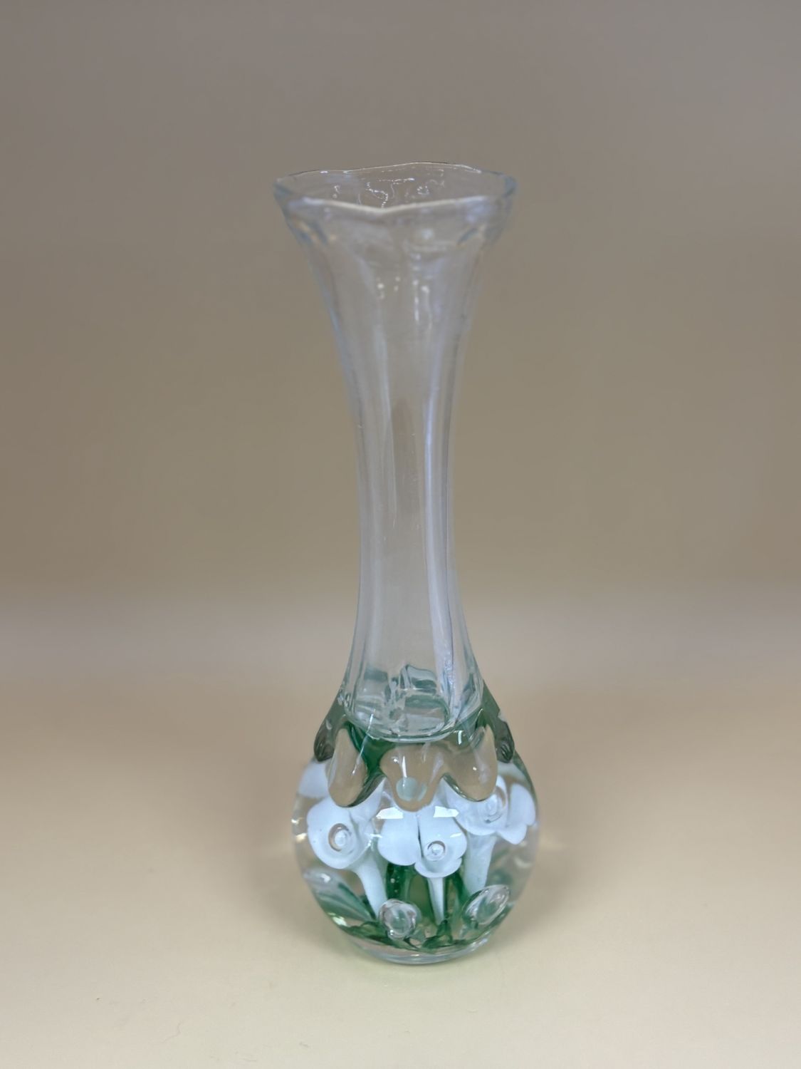 Glass. USA. Vase. Vintage Joe St. Clair Art Glass Paperweight Vase. Interior White Flowers. 8.25&quot;H