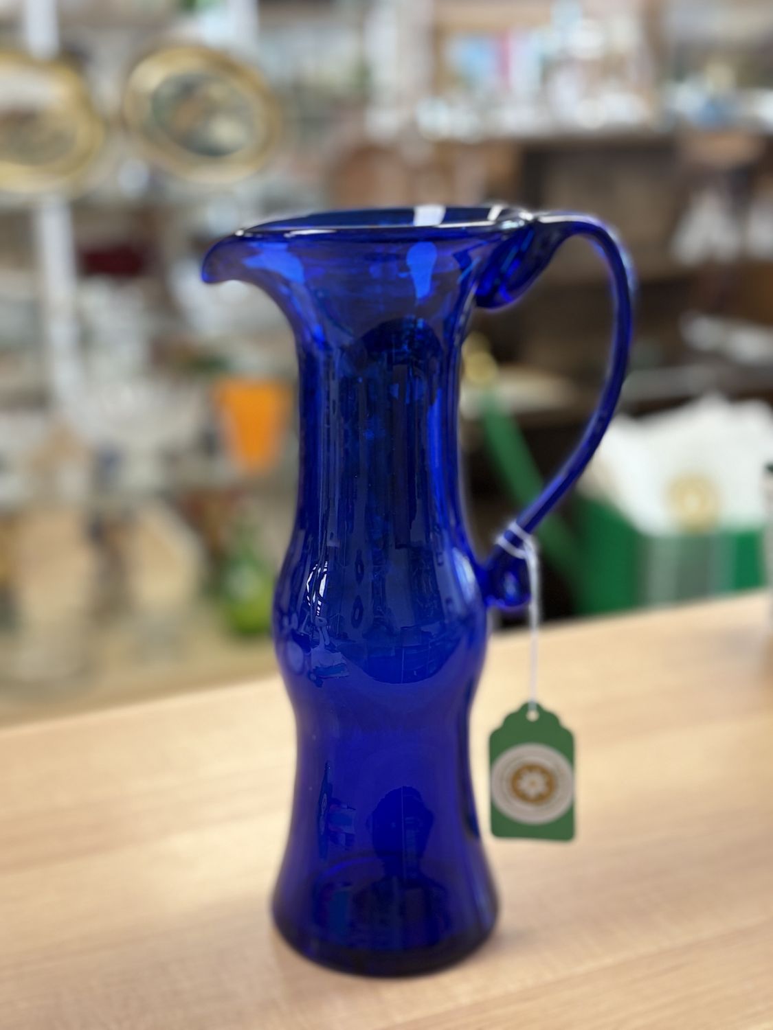 Glass. USA. Richard Blenko. Tall Cobalt Blue Vase w/Applied Handle. Signed. 12.5&quot;H