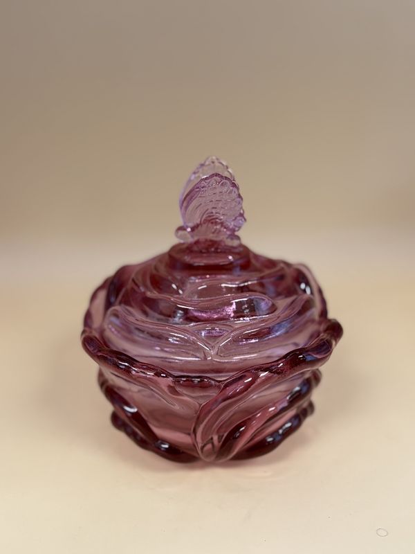 Glass. USA. Fenton. Pink Rose Dish w/Upright Butterfly Handle. 5.25&quot;H