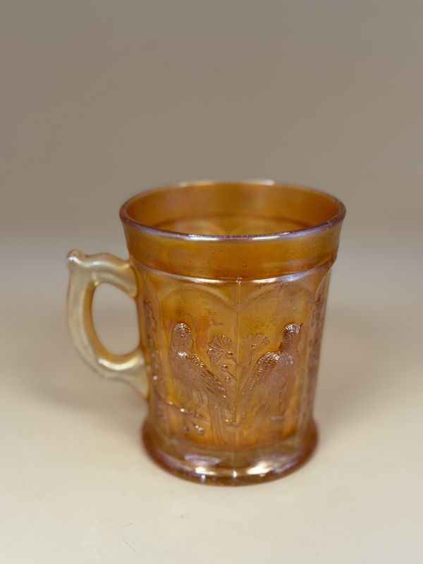 Glass. USA. Northwood. Carnival Glass Handled Cup w/Birds &amp; Flowers. Marigold. 3.75&quot;H