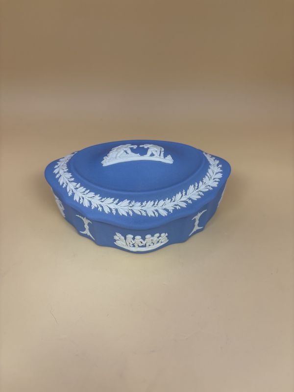 Jasperware. England. Wedgwood. Trinket Box w/Cherubs. Light Blue. 5&quot;W