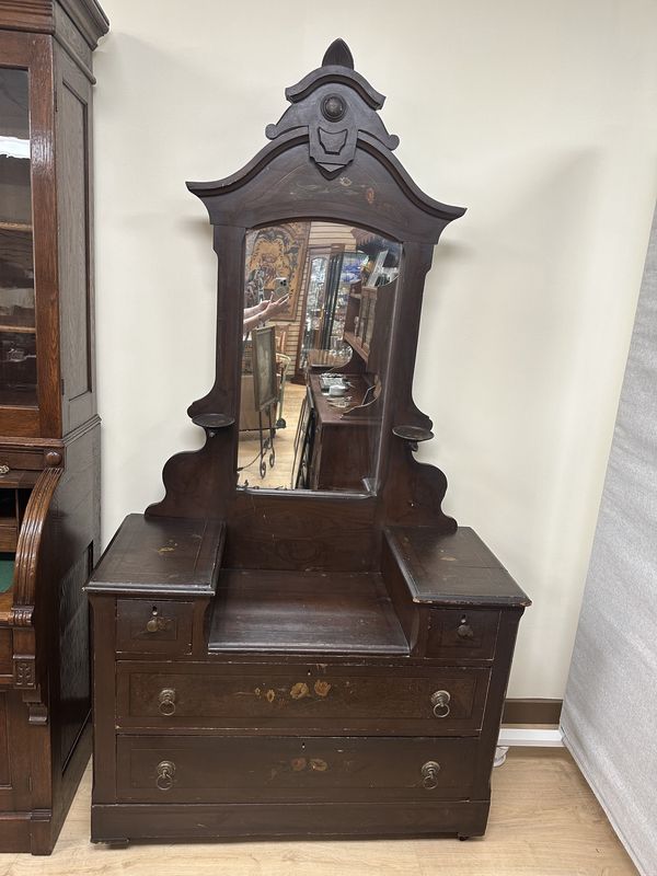 Furniture. USA. Antique Dresser w/Mirror. Handpainted Flowers.