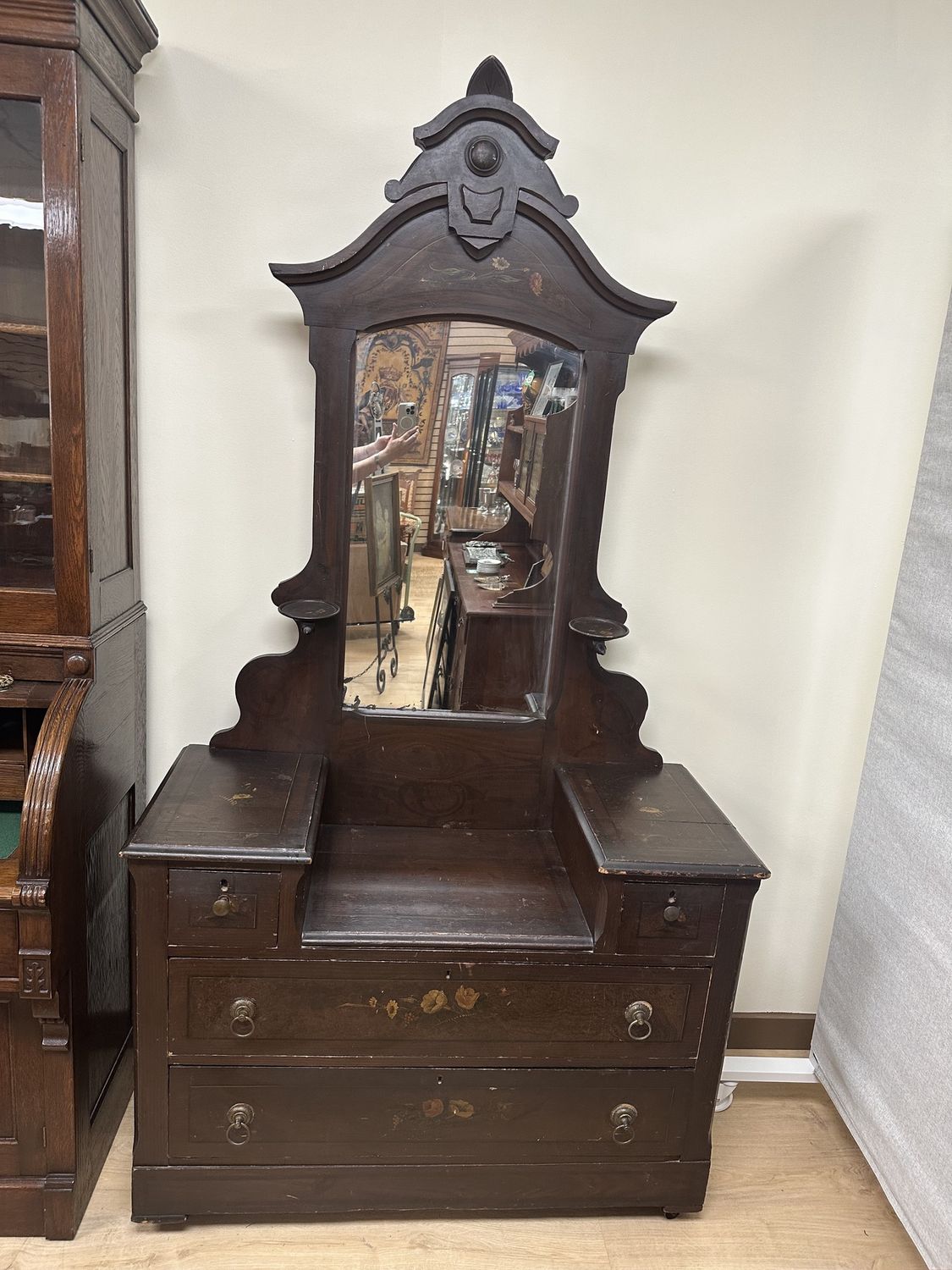 Furniture. USA. Antique Dresser w/Mirror. Handpainted Flowers.