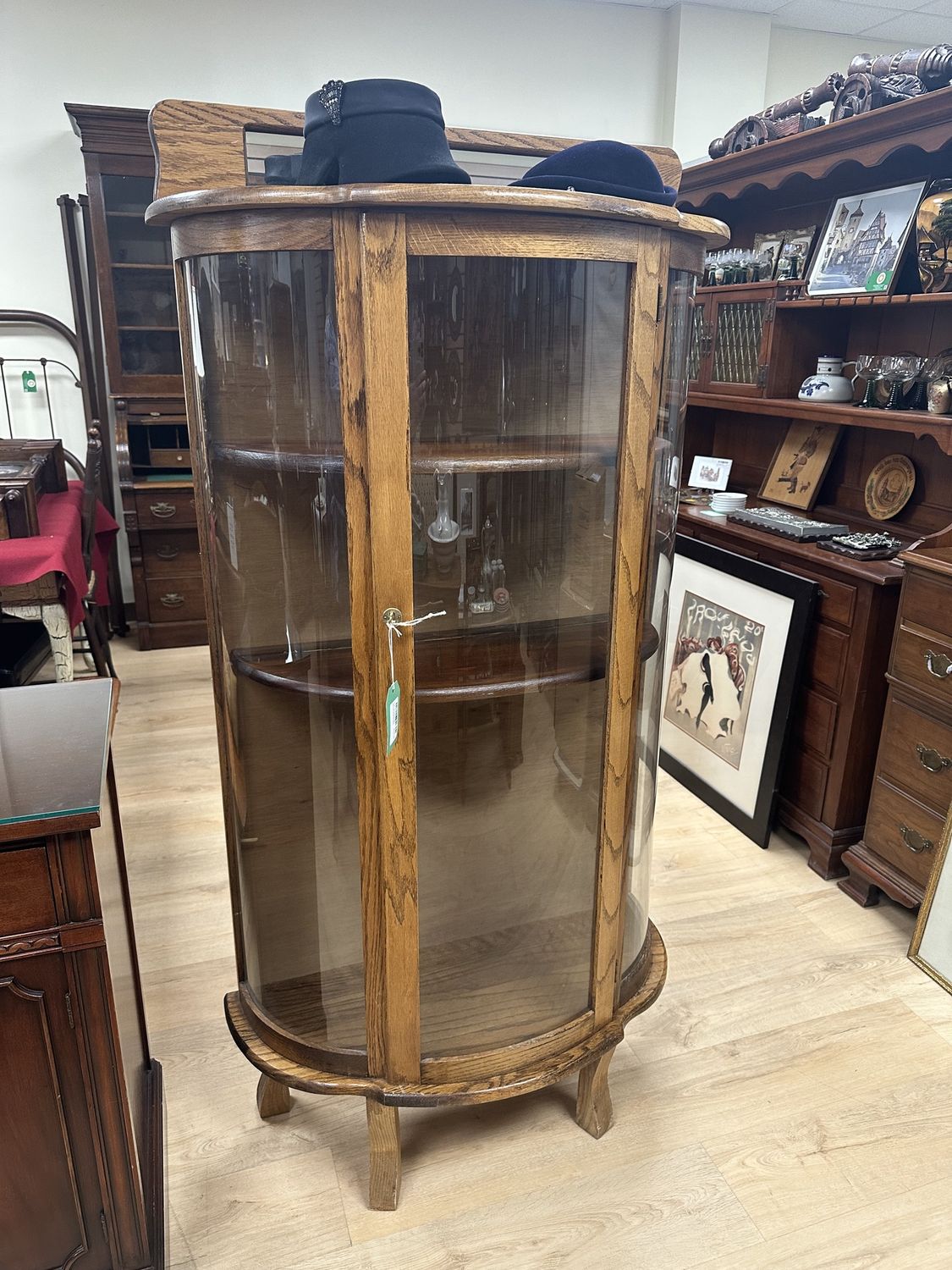 Furniture. USA. Antique Oak Curio. 2 Wooden Shelves &amp; Horizontal Mirror at Top. 63&quot;H