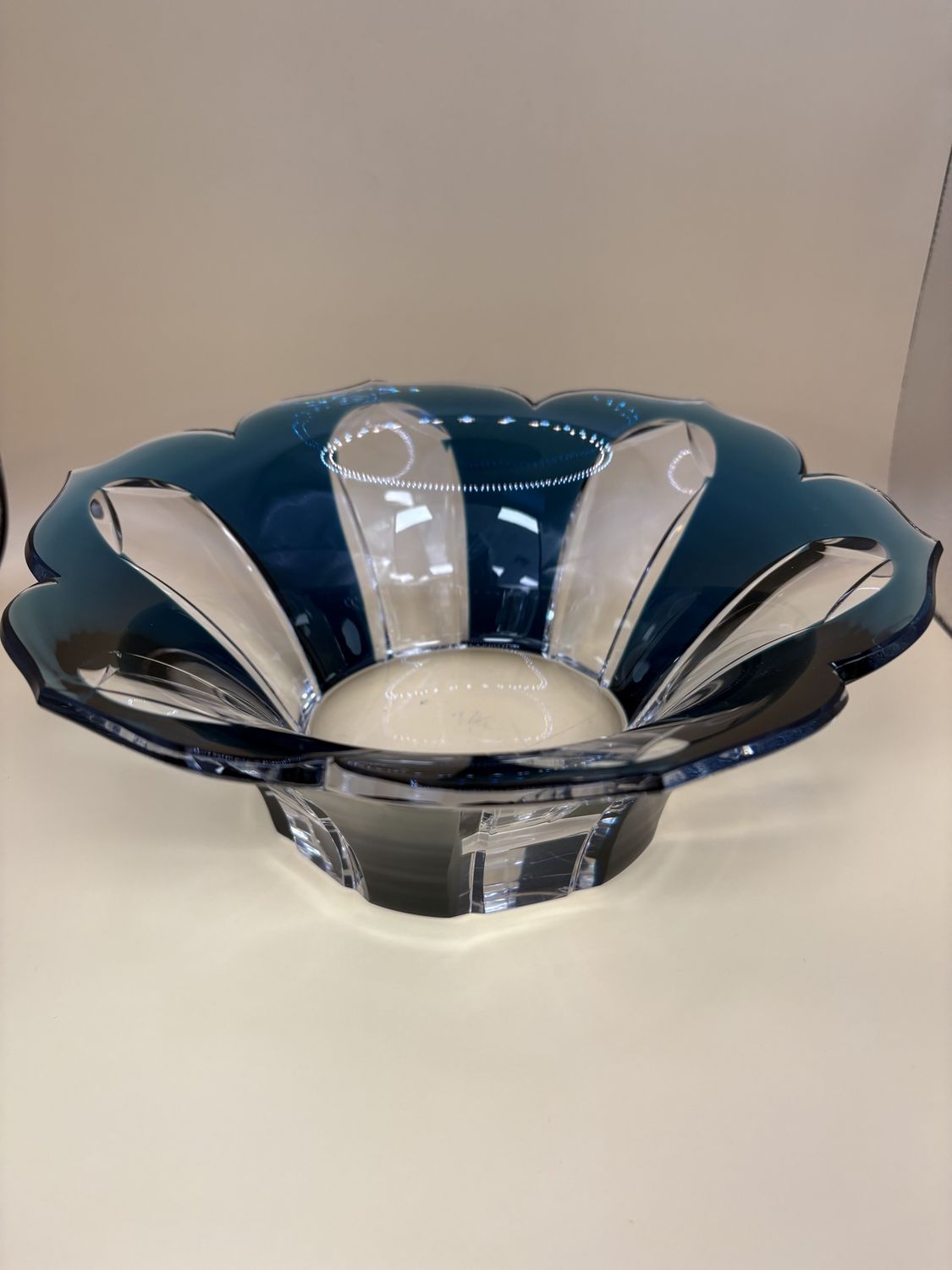 Glass. Belgium. Val Saint Lambert. Cut-to-Clear Bowl. Pointed Petal Design. Dark Teal. 9.5&quot;W