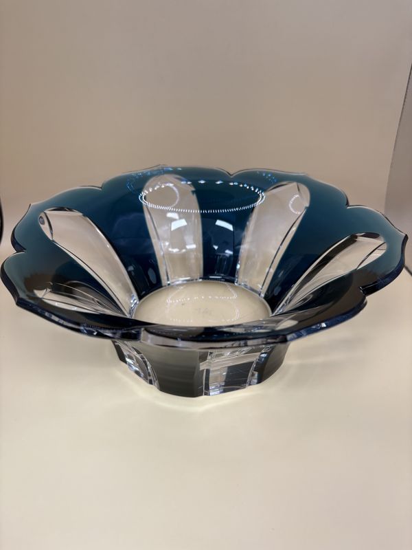 Glass. Belgium. Val Saint Lambert. Cut-to-Clear Bowl. Pointed Petal Design. Dark Teal. 9.5&quot;W