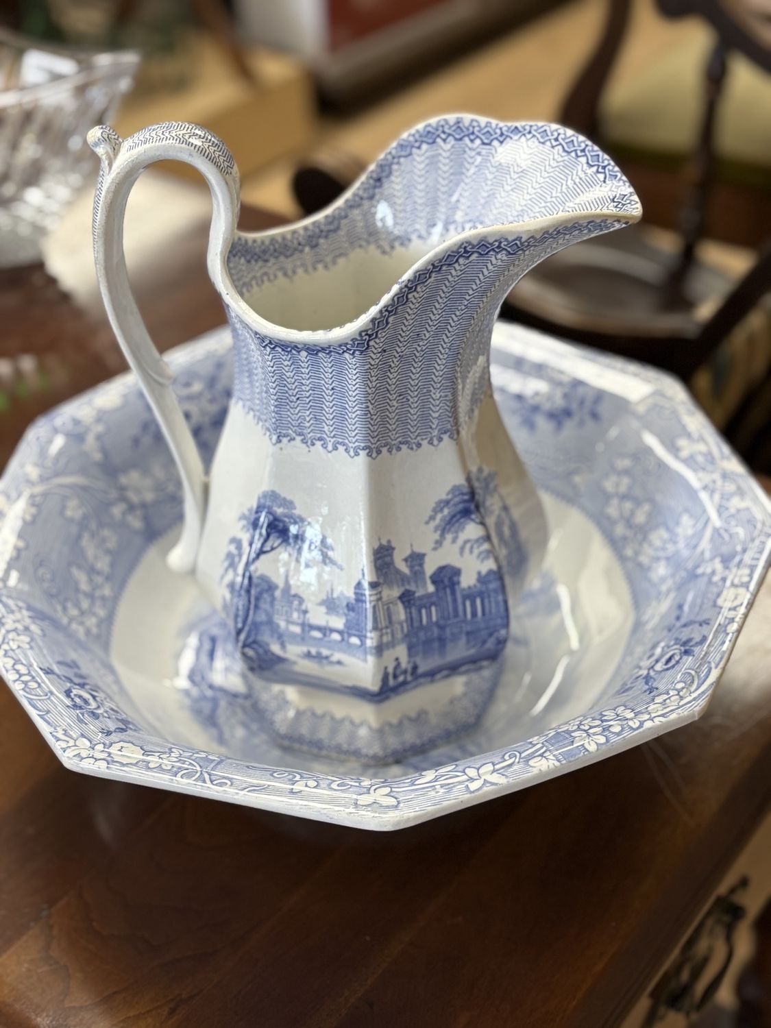 Ceramic. England. Staffordshire Transfer Pitcher and Basin. 10&quot;H
