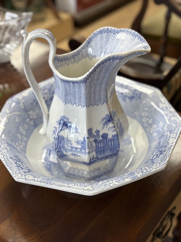 Ceramic. England. Staffordshire Transfer Pitcher and Basin. 10&quot;H