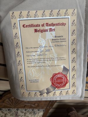 Artwork (Other). Belgium. Wall Tapestry of "Dame Au Blason". Certificate of Authenticity from Brussels Gobelin Center. 43"W x 56"H