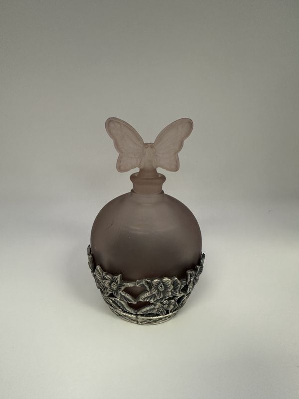 Glass. Chamart. Perfume Bottle w/ Butterfly and Metal Overlay. Satin Pink and Silver. 4.5&quot;H