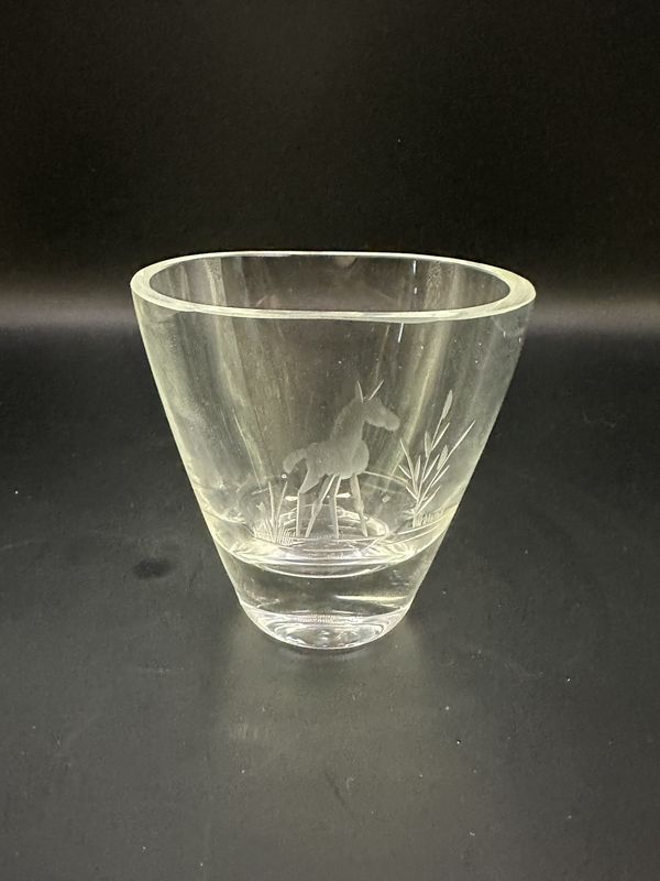 Crystal. Sweden. Maleras. Vase w/Horse Etching. 3.5&#39;&#39;L x 3.25&#39;&#39;H