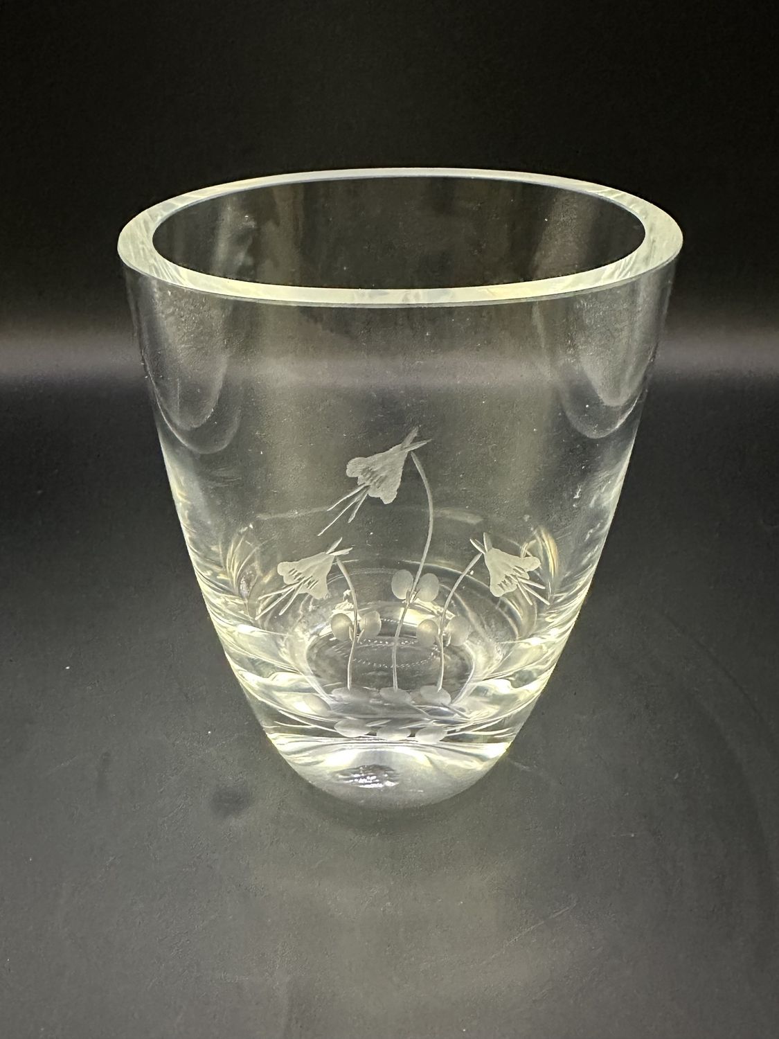 Crystal. Sweden. Maleras. Vase w/Floral Etching. 4&#39;&#39;L x 5&#39;&#39;H.
