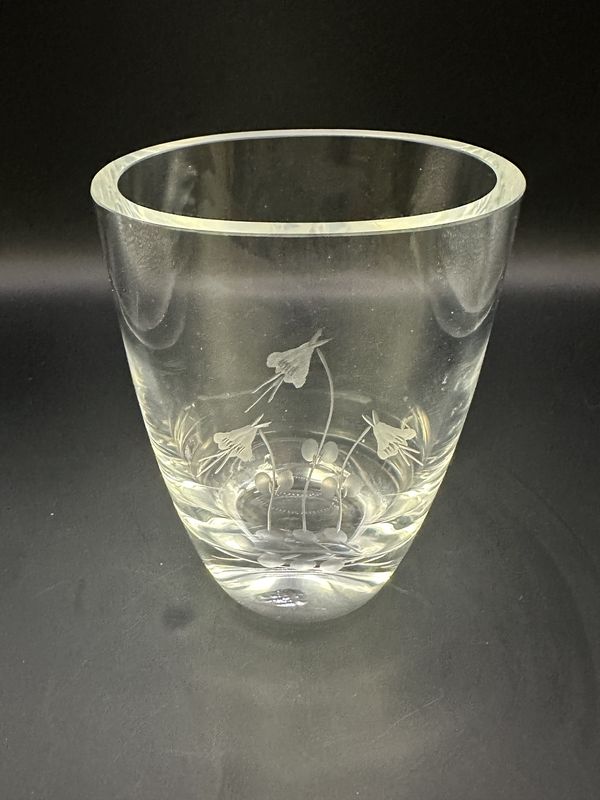 Crystal. Sweden. Maleras. Vase w/Floral Etching. 4&#39;&#39;L x 5&#39;&#39;H.