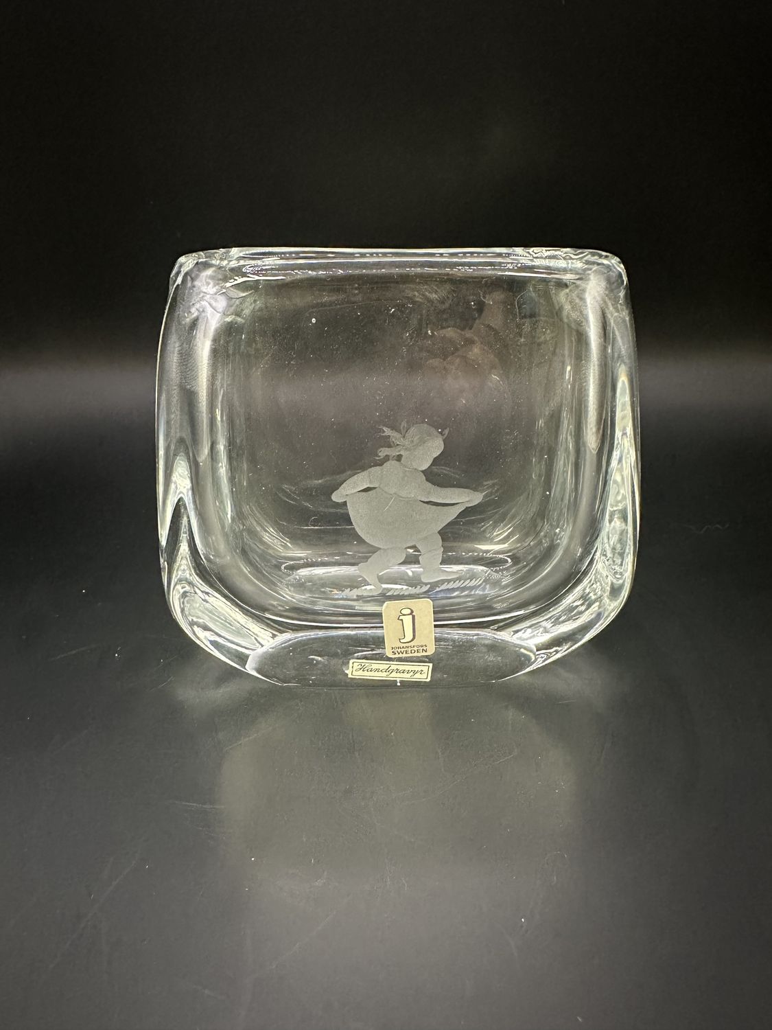 Crystal. Sweden. Johansfors. Heavyweight Vase with Etched Dancing Girl. 4.25&quot;H