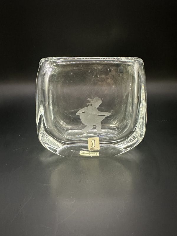 Crystal. Sweden. Johansfors. Heavyweight Vase with Etched Dancing Girl. 4.25&quot;H
