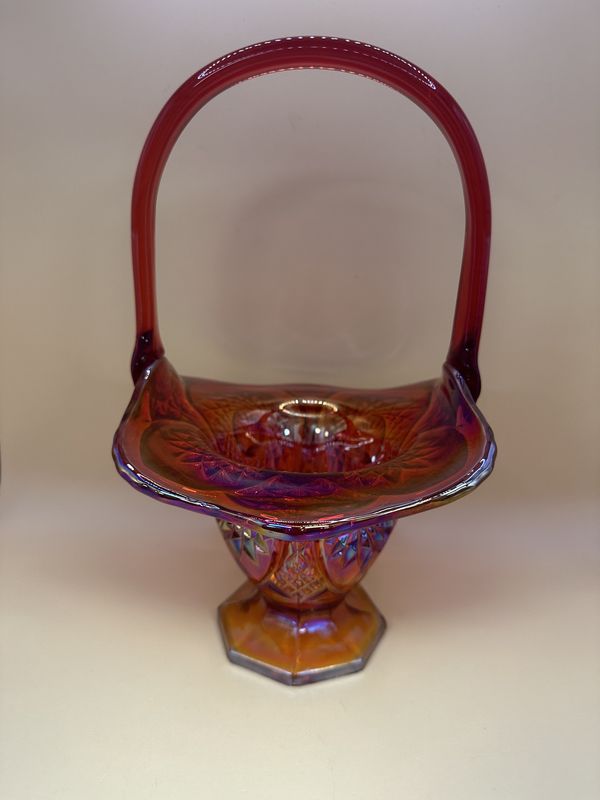 Glass. USA. Indiana Carnival Glass. Basket. Heirloom Sunset Red. 10"H