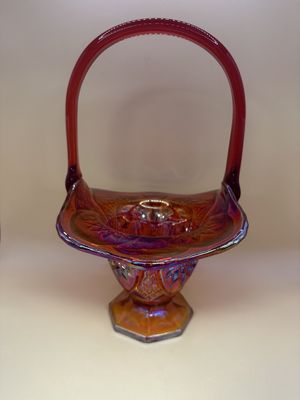 Glass. USA. Indiana Carnival Glass. Basket. Heirloom Sunset Red. 10"H