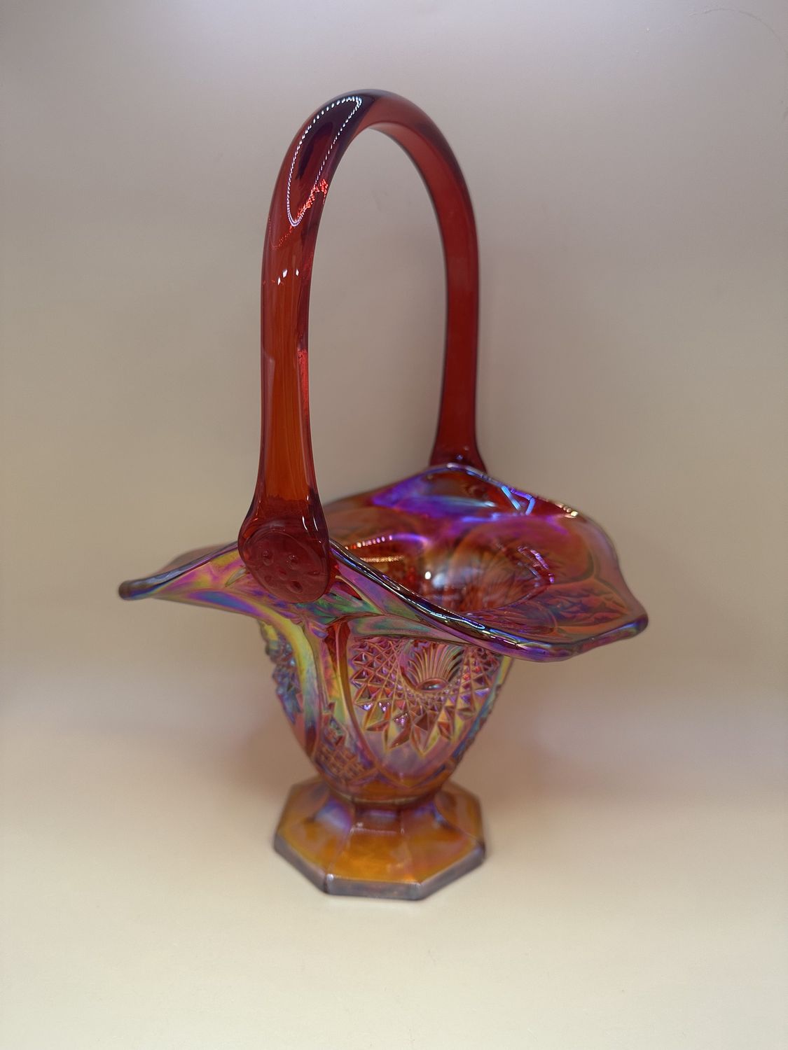 Glass. USA. Indiana Carnival Glass. Basket. Heirloom Sunset Red. 10&quot;H