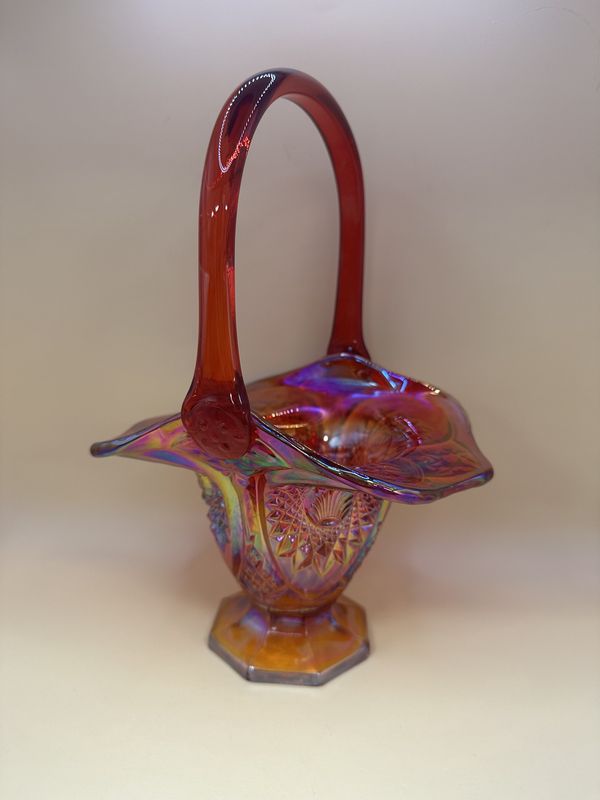 Glass. USA. Indiana Carnival Glass. Basket. Heirloom Sunset Red. 10&quot;H