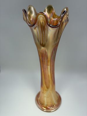 Glass. USA. Fenton. Carnival Glass. Fine Rib Swung Vase. Marigold. 3.5"W x 11"H