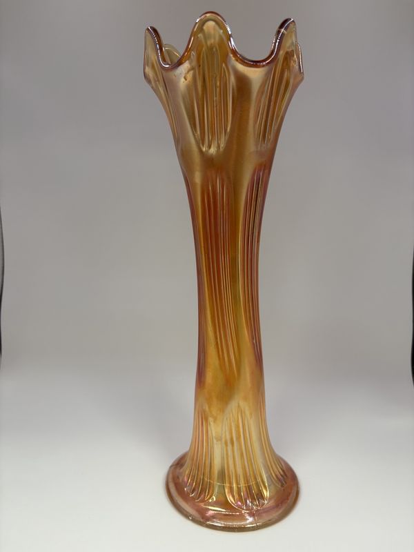 Glass. USA. Fenton. Carnival Glass. Fine Rib Swung Vase. Marigold. 3.5&quot;W x 11&quot;H