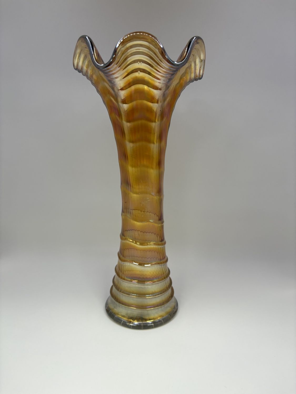 Glass. USA. Imperial Carnival Glass. Ripple Swung Vase. Marigold. 3&quot;W x 9.75&quot;H