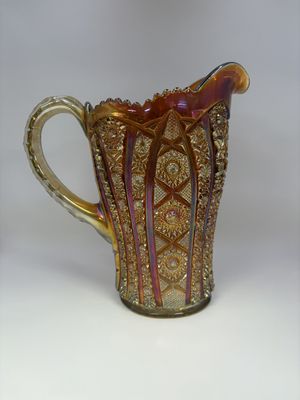 Glass. USA. Imperial Carnival Glass. Pitcher. "Octagon" Pattern. Marigold.  8"H