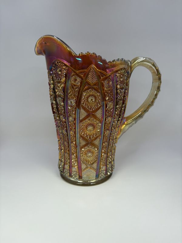 Glass. USA. Imperial Carnival Glass. Pitcher. &quot;Octagon&quot; Pattern. Marigold.  8&quot;H