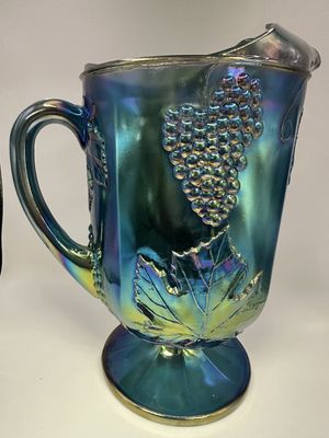 Glass. USA. Indiana Carnival Glass. Footed Pitcher. "Harvest Grape" Pattern. Blue. 10.5"H