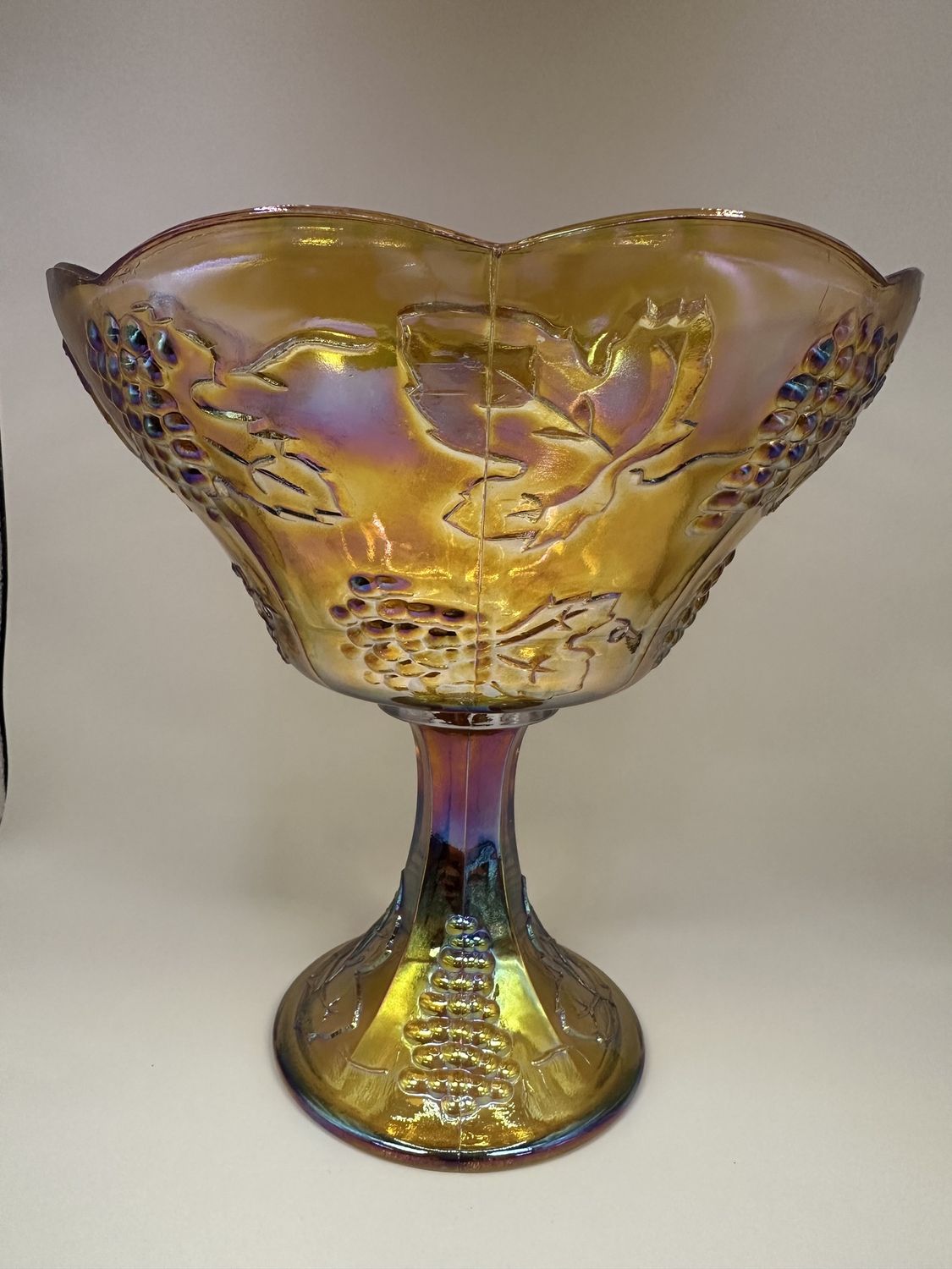 Glass. USA. Indiana Carnival Glass. Harvest Grape Compote Pedestal Bowl. 8.5&quot;H