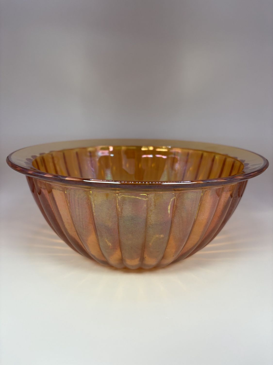 Glass. USA. Carnival Glass Bowl. Ribbed Design. Marigold. 9&quot;W