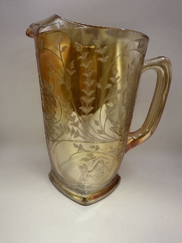 Glass. USA. Jeanette. Carnival Glass Pitcher w/Floral Pattern. &quot;Floragold&quot;. 9.5&quot;H