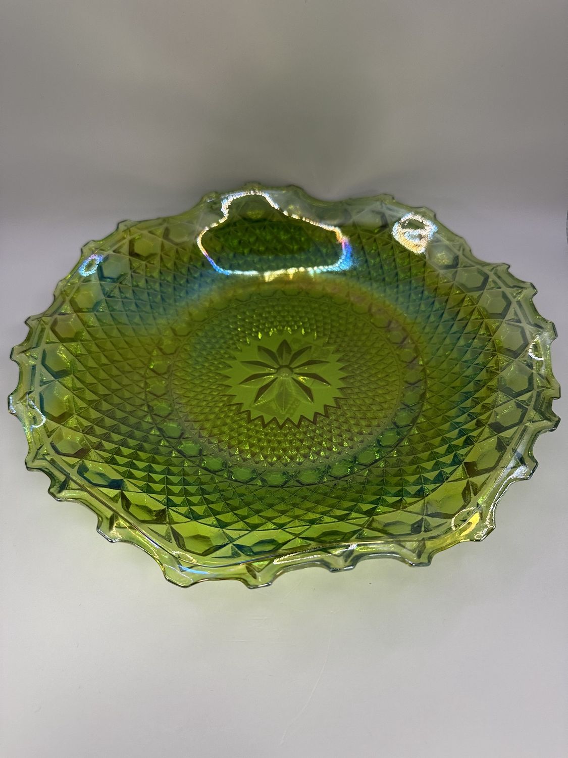 Glass. USA. Indiana Carnival Glass. Round Plate w/Crimpled Edge. Iridescent Green. 10&#39;&#39;W