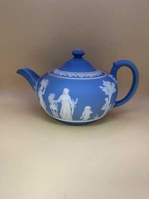Jasperware. England. Wedgwood. Teapot with Lid. Pale Blue and White. 8.5"W