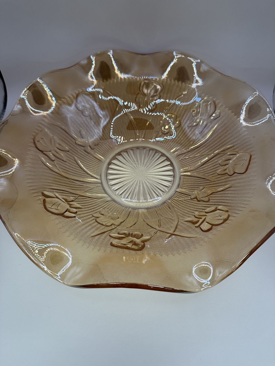 Glass. USA. Jeanette. Carnival Marigold and Iris Ruffled Edge, early 1900s 12&quot;W