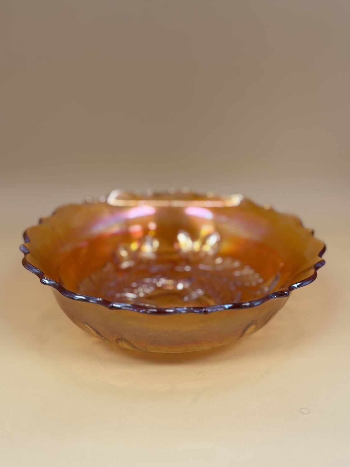 Glass. USA. Imperial Carnival Glass. Bowl. Acorn Pattern. Marigold.  7&quot;W