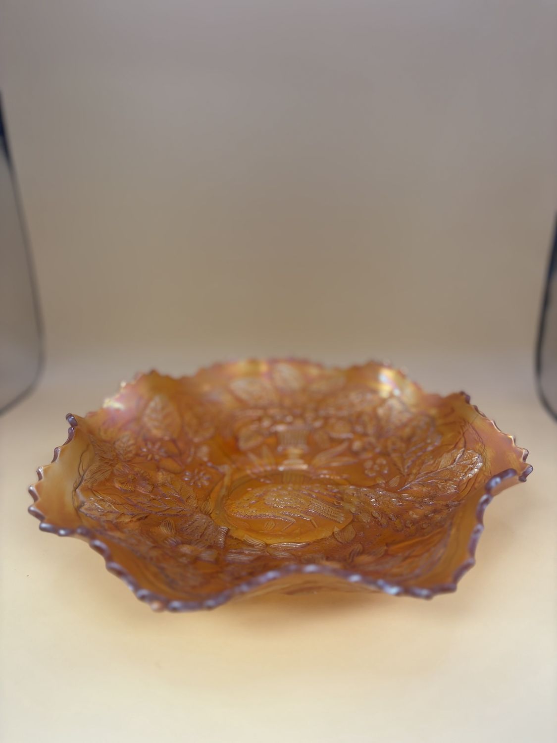 Glass. USA. Fenton. Carnival Glass. Dish. Peacock Pattern. Marigold