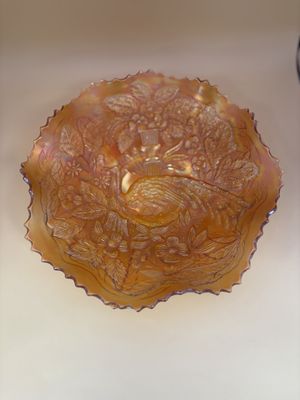 Glass. USA. Fenton. Carnival Glass. Dish. Peacock Pattern. Marigold
