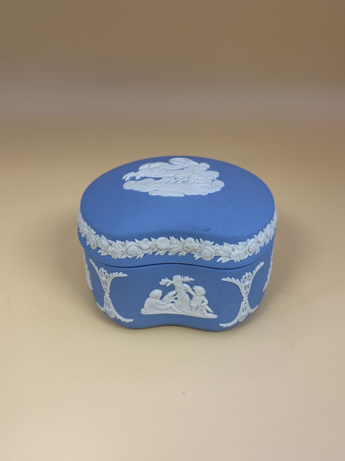 Jasperware. England. Wedgwood. &quot;Bean Box&quot; w/Lid. Soft Blue with White Relief. Includes Original Box. 3&quot;W