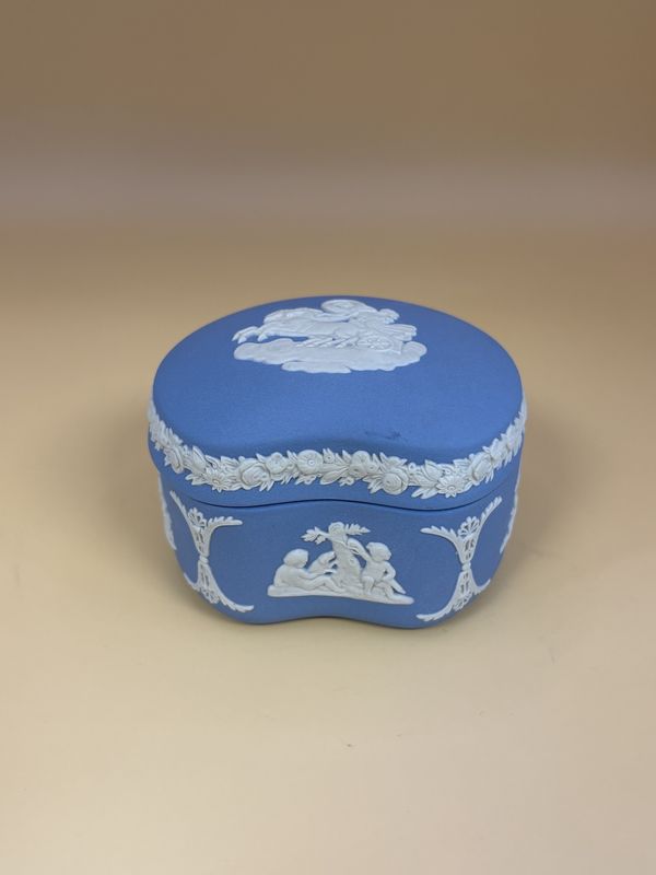Jasperware. England. Wedgwood. &quot;Bean Box&quot; w/Lid. Soft Blue with White Relief. Includes Original Box. 3&quot;W