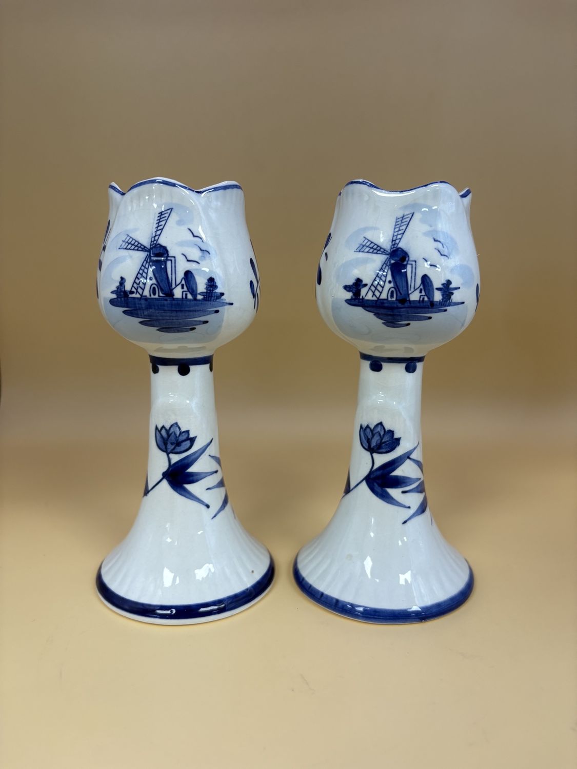 Porcelain. Netherlands. Delft. Candlestick Holders. Set of 2. Windmill Design.