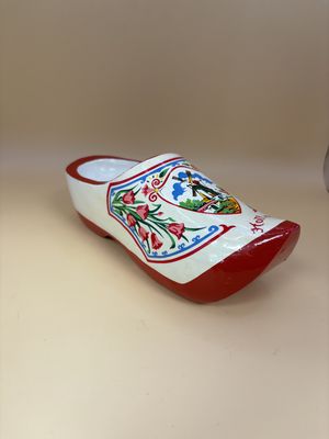 Decor. Netherlands. Hanging Dutch Wooden Clogs. Painted w/ Windmill, Tulips, &amp; Red Trim. 7.25"L