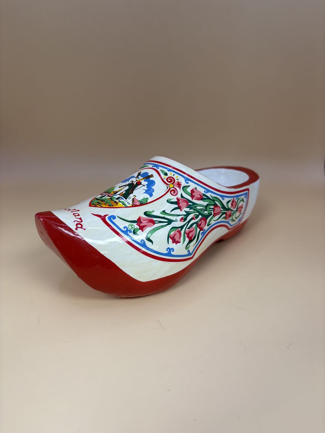 Decor. Netherlands. Hanging Dutch Wooden Clogs. Painted w/ Windmill, Tulips, &amp; Red Trim. 7.25&quot;L