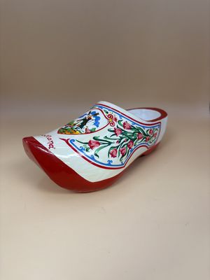 Decor. Netherlands. Hanging Dutch Wooden Clogs. Painted w/ Windmill, Tulips, &amp; Red Trim. 7.25"L