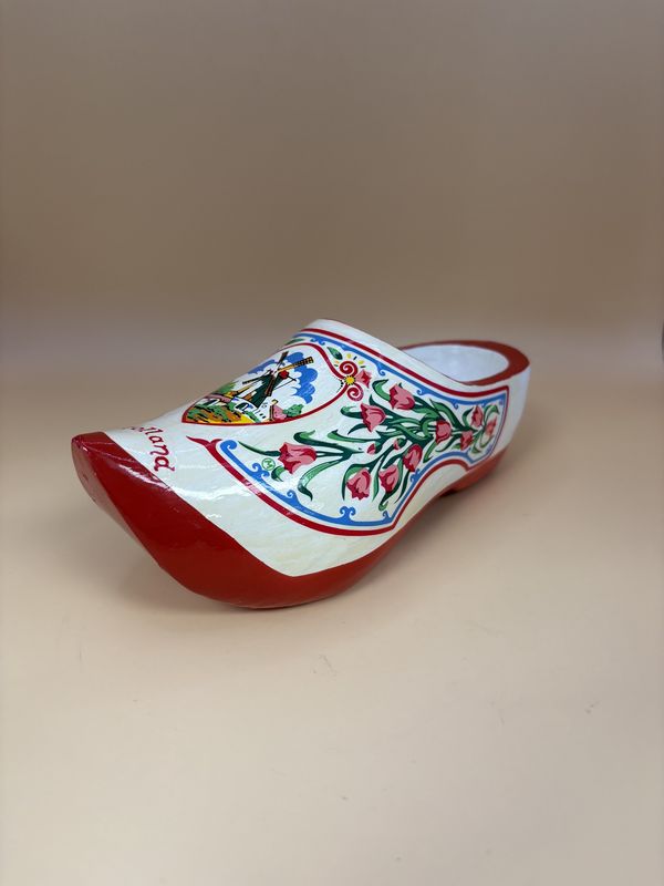 Decor. Netherlands. Hanging Dutch Wooden Clogs. Painted w/ Windmill, Tulips, &amp; Red Trim. 7.25&quot;L